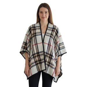 Charter Club Tan Exploded Plaid Poncho Cape One Size SOFT Brown Black Cream